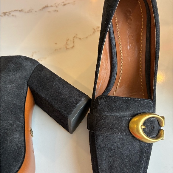 Coach Black Suede Block Heels with Gold Buckle - Picture 2 of 9